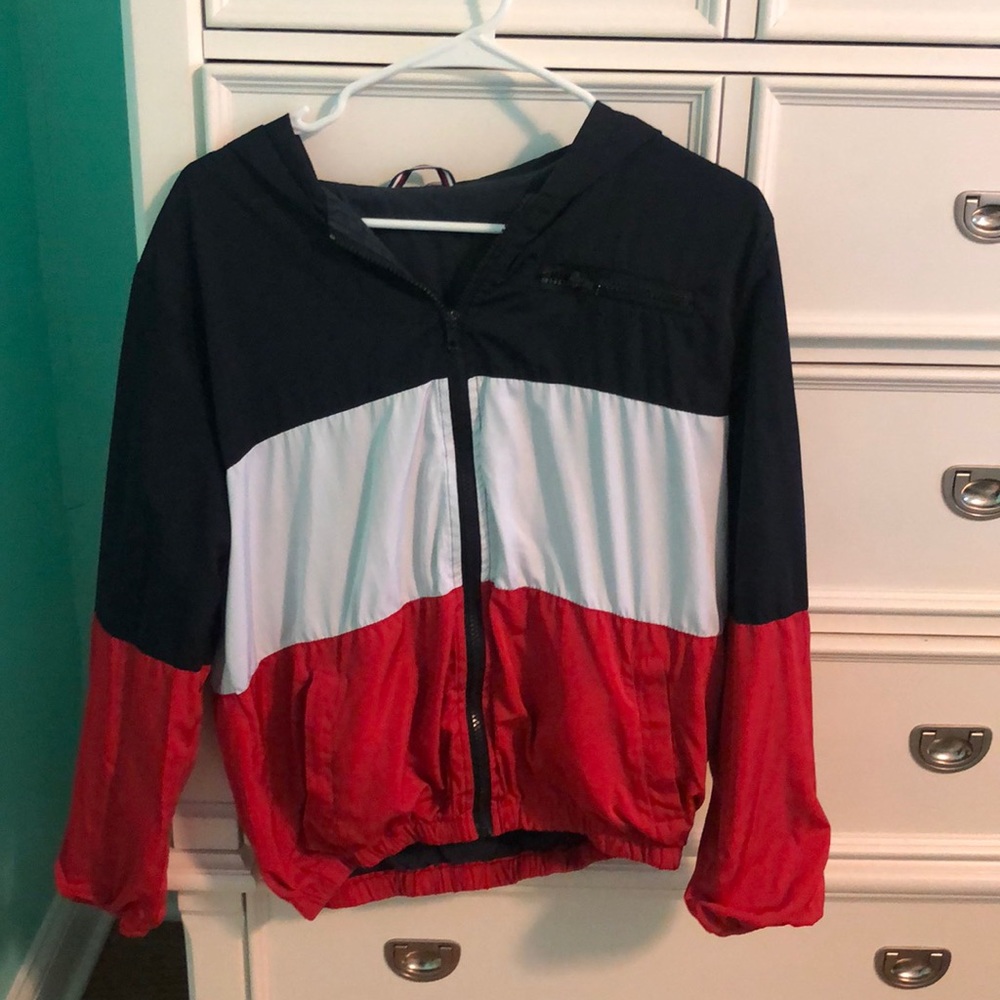 Brandy Melville zip rain coat red white and blue